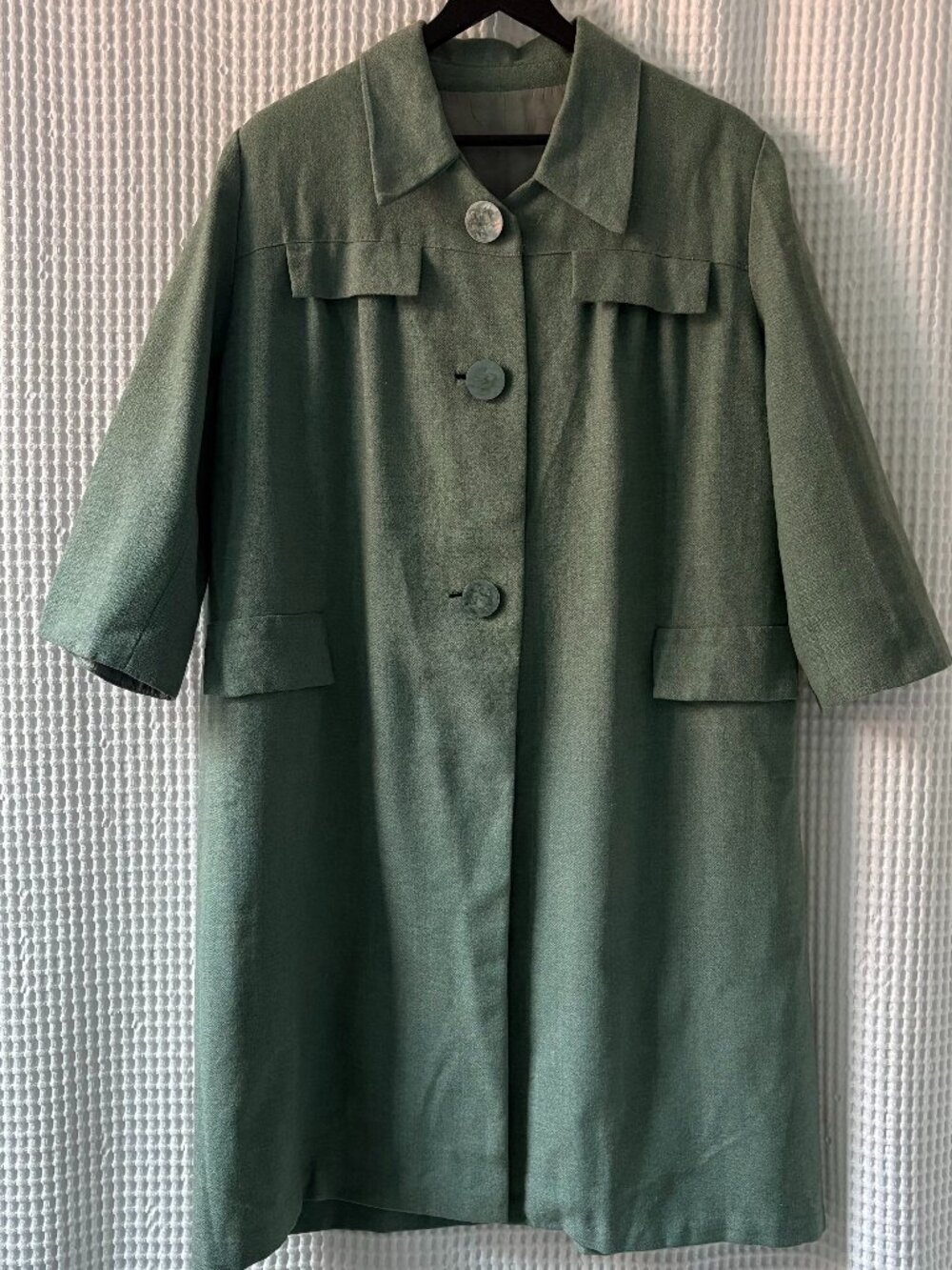 Vintage seafoam wool(?) blend lined women's coat 3/4 sleeves READ